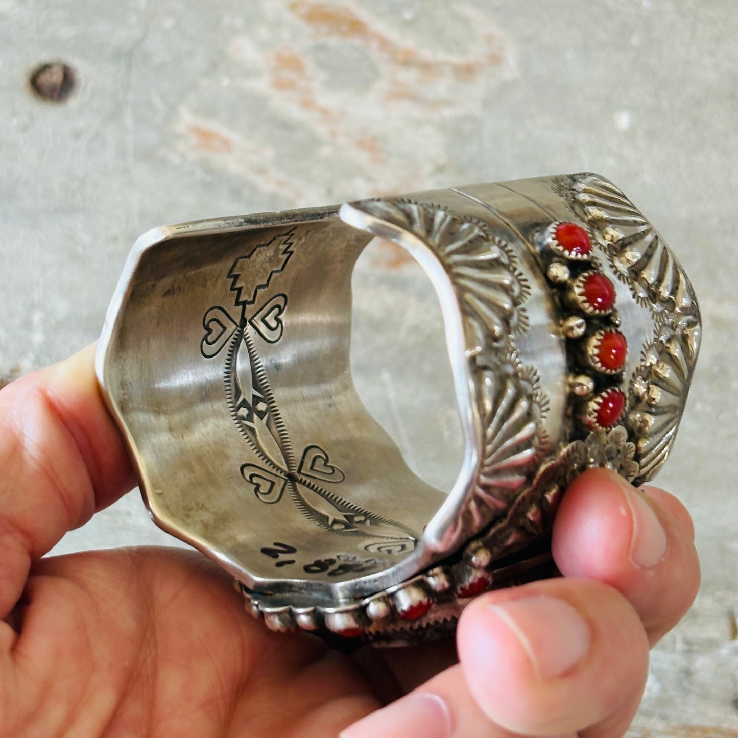 Navajo Glenn Livingston Sterling Silver - Red Coral & Wild Horse Jasper Heart Statement Cuff