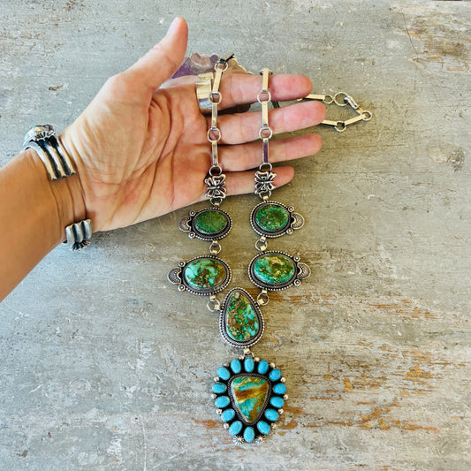 Navajo Hemerson Brown Sterling Silver - Sleeping Beauty & Sonoran Turquoise Butterflies Statement Necklace