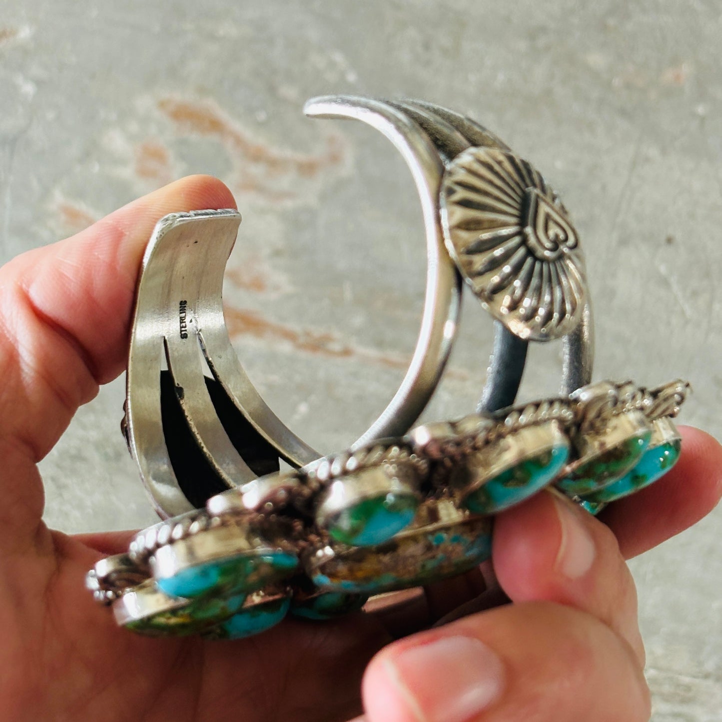 Navajo Hemerson Brown Sterling Silver & Sonoran Turquoise Hearts Cluster Cuff