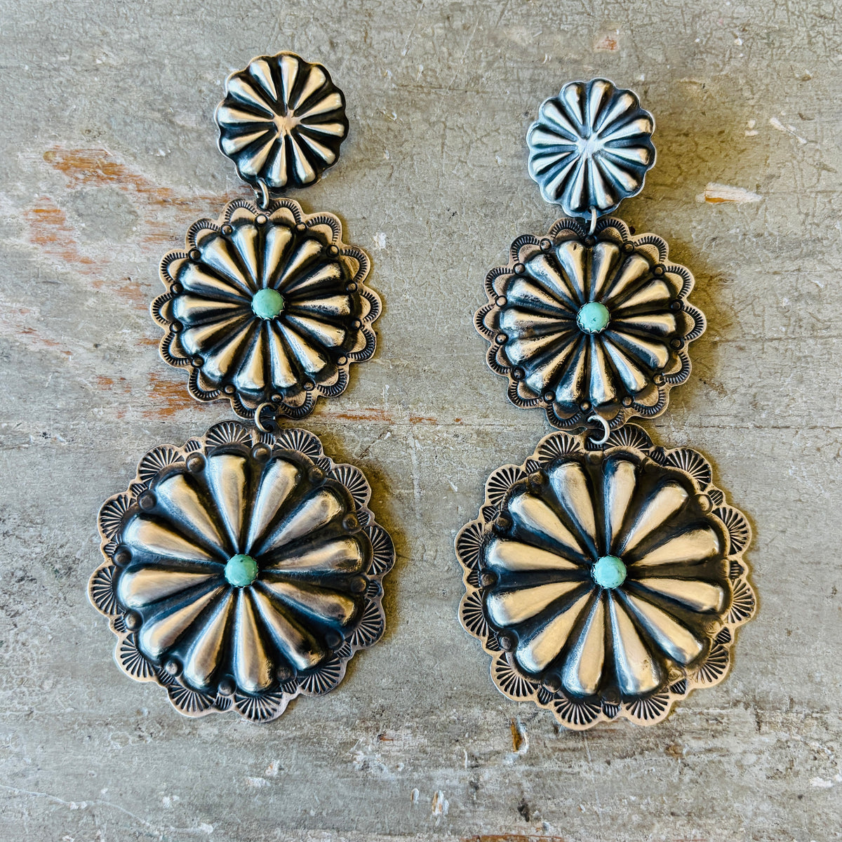 Navajo Landoll Benally Sterling Silver & Kingman Turquoise Concho Statement Earrings