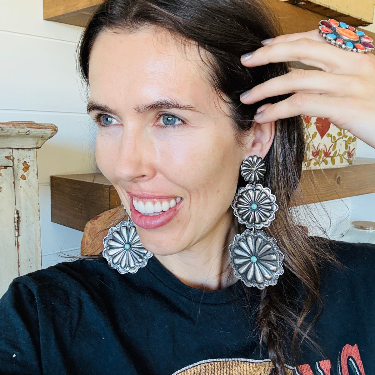 Navajo Landoll Benally Sterling Silver & Kingman Turquoise Concho Statement Earrings