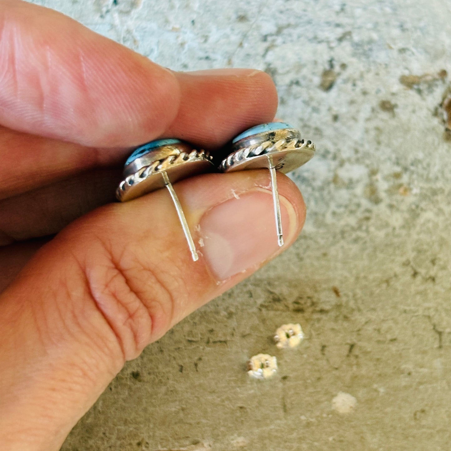 Navajo Reva Goodluck Sterling Silver & Golden Hills Turquoise Stud Earrings