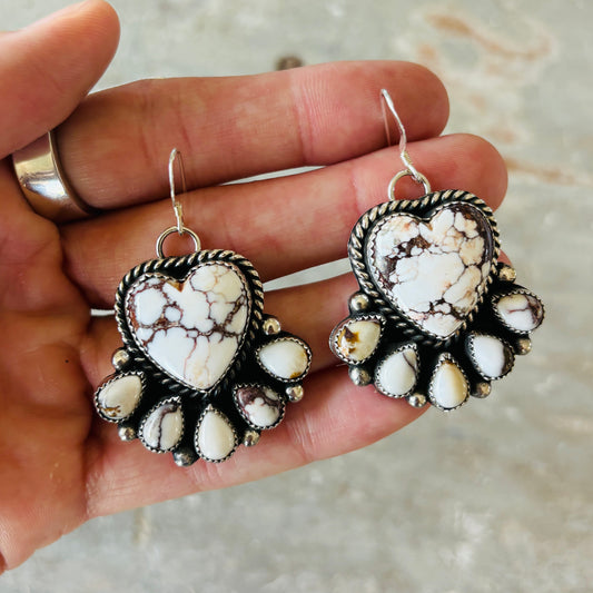 Navajo Hemerson Brown Sterling Silver & Wild Horse Jasper Cluster Heart Earrings