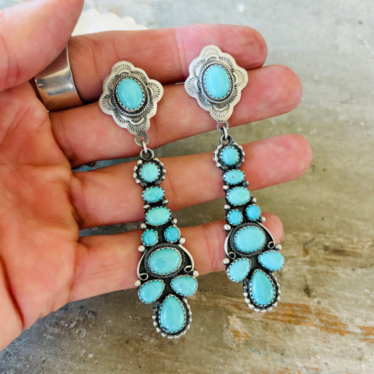 Navajo Annie Hoskie Sterling Silver & Campitos Turquoise Cluster Earrings