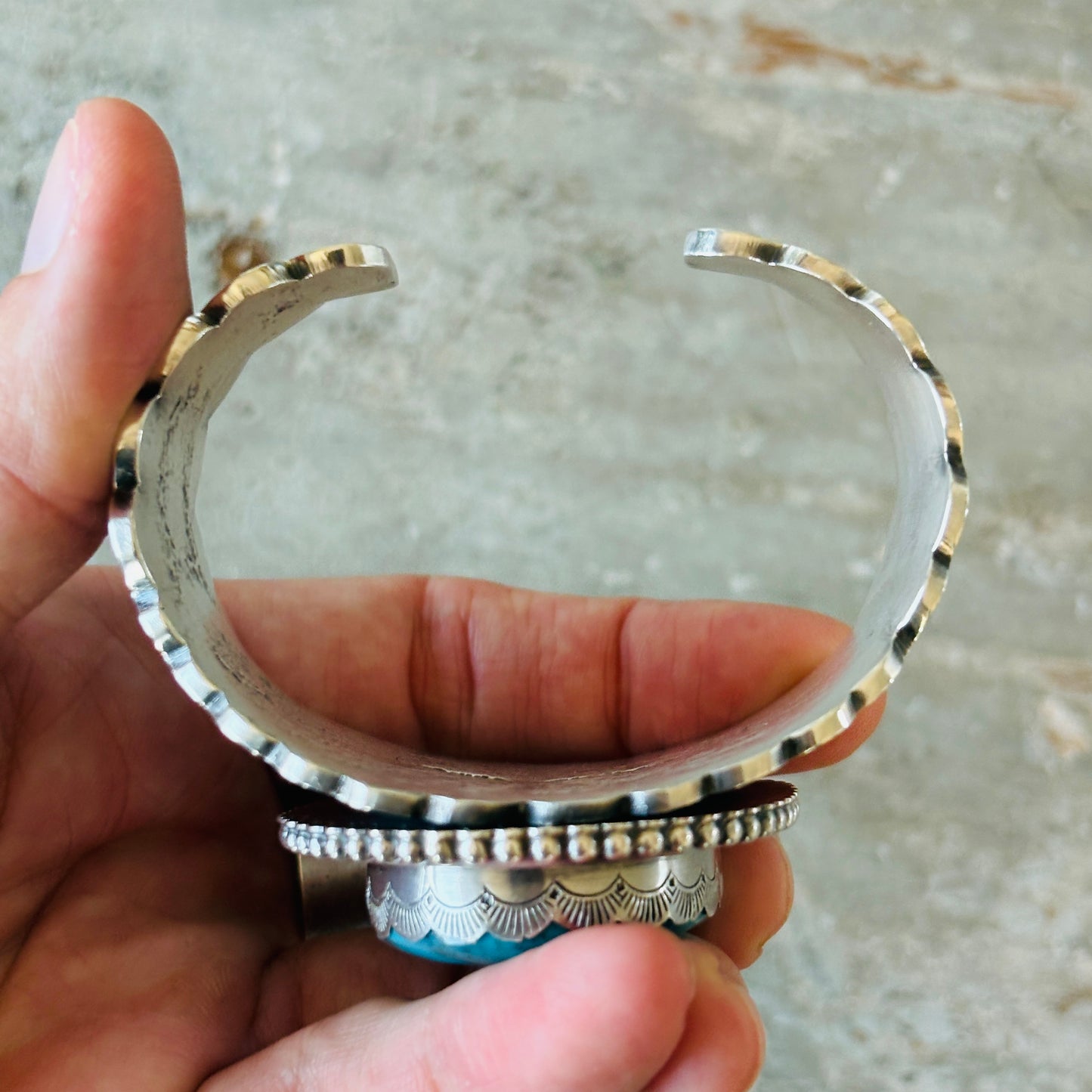 Navajo Glenn Livingston Sterling Silver & Kingman Turquoise Hearts Tufa Cast Cuff