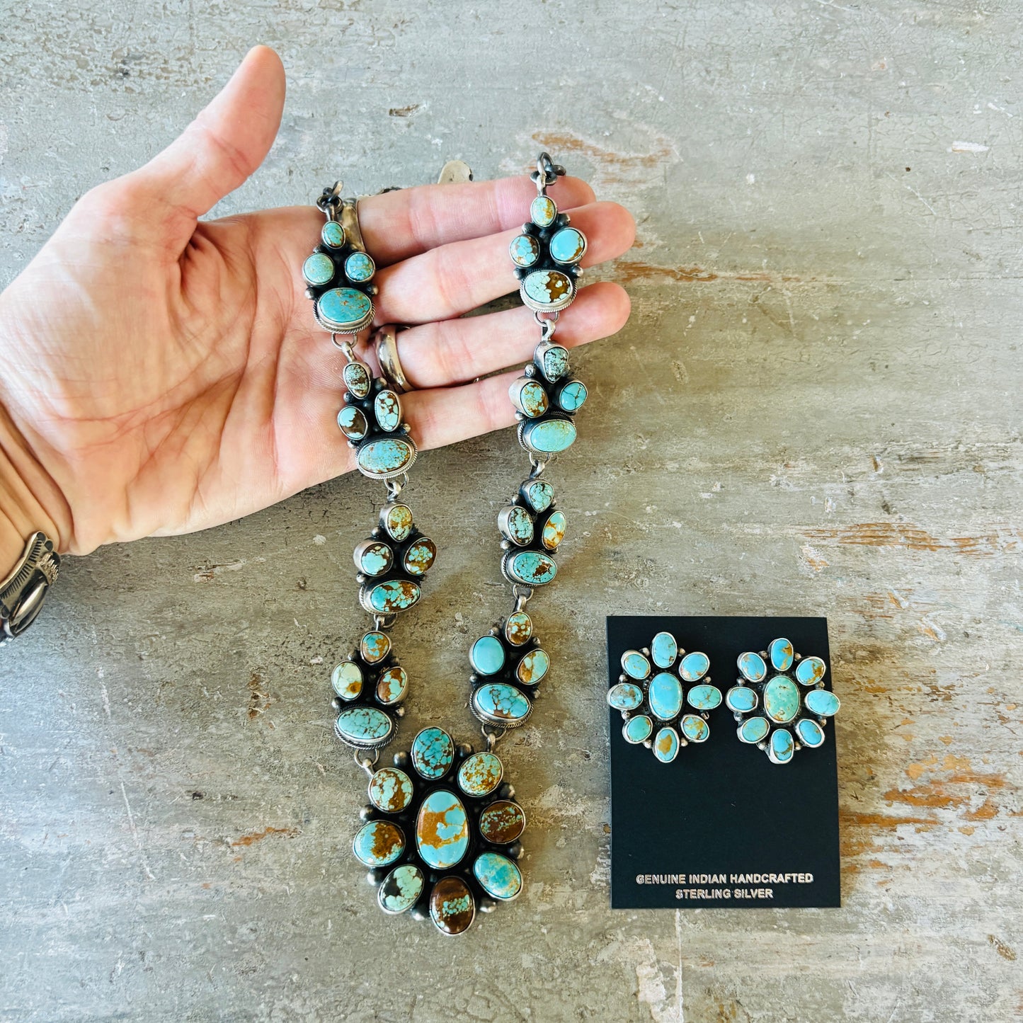 Navajo Sheila Becenti Sterling Silver & #8 Turquoise Cluster Statement Necklace Set