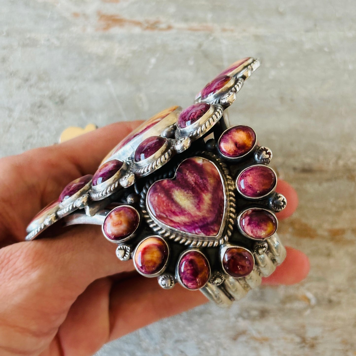 Navajo Tyler Brown Sterling Silver & Purple Spiny Hearts Statement Cuff