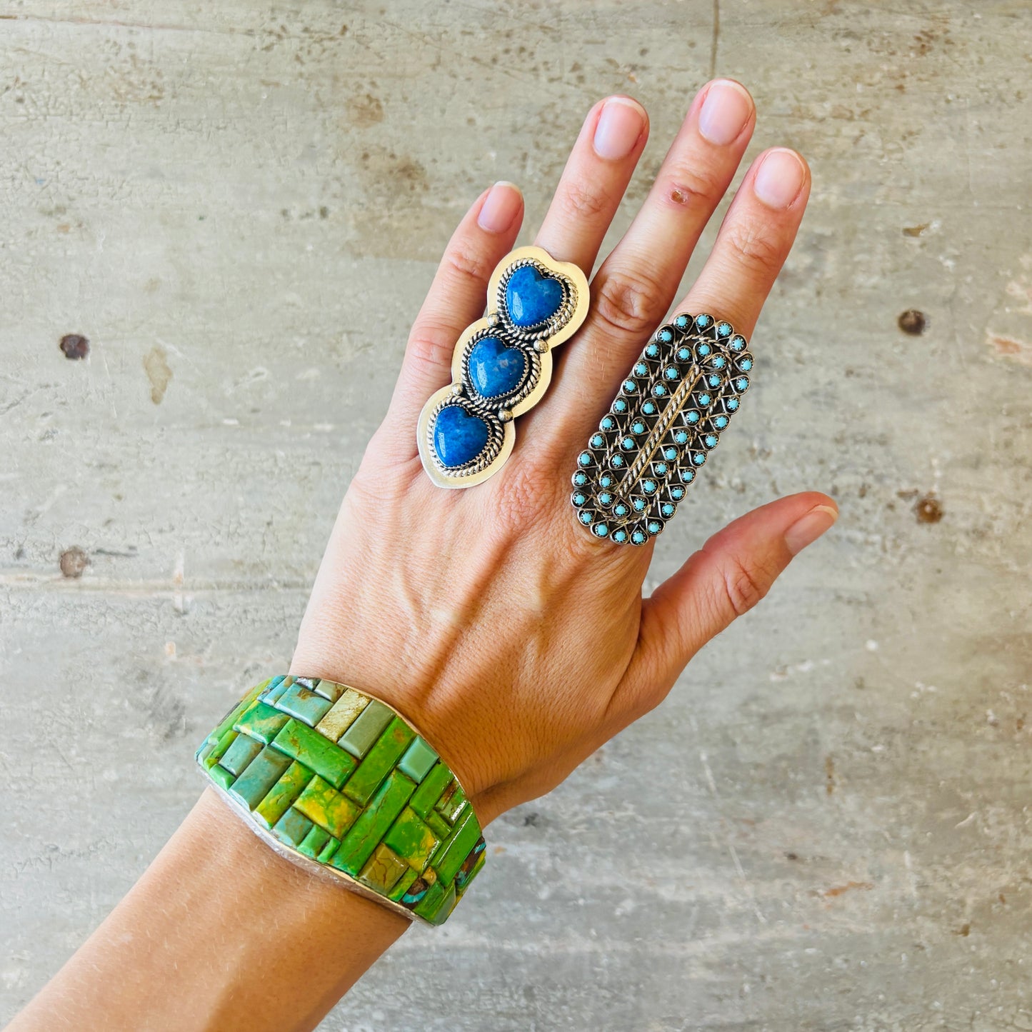 Navajo Lester James Sterling Silver - Gaspeite & Mixed Turquoise Cobblestone Cuff