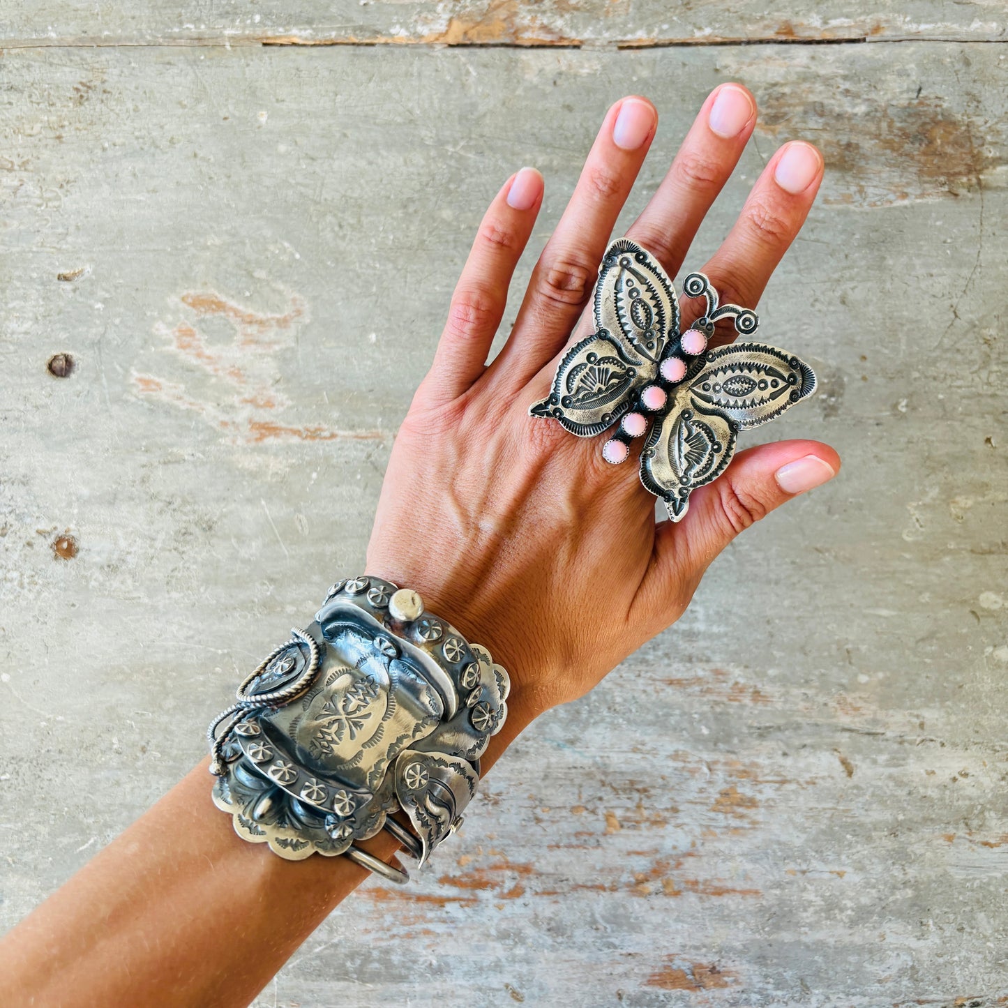 Navajo Kindale Billah Sterling Silver & Pink Conch Butterfly Ring