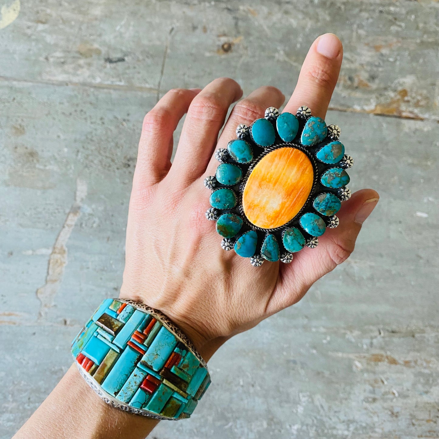 Navajo Lorenzo Jerilyn Chee Sterling Silver - Orange Spiny & Kingman Turquoise Cluster Ring