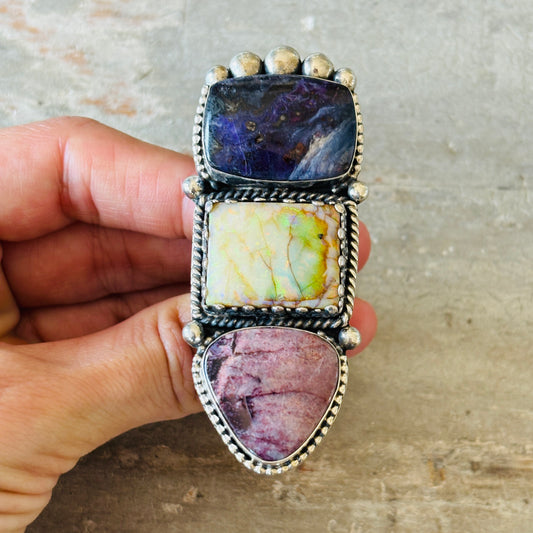 Navajo Hemerson Brown Sterling Silver - Sugilite & Lab Opal Statement Ring