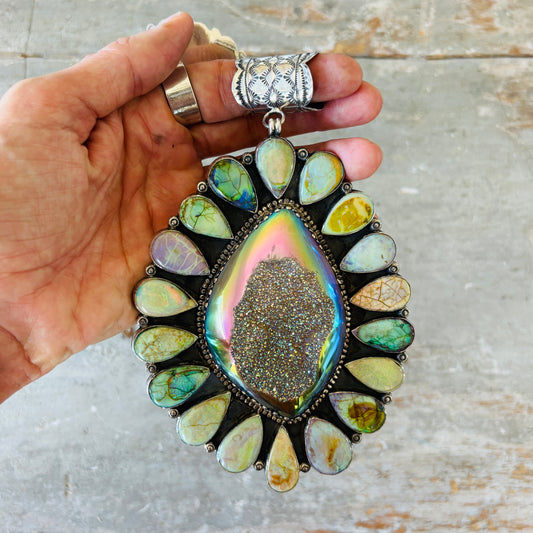 Navajo Hemerson Brown Sterling Silver - Druzy & Lab Opal Pendant