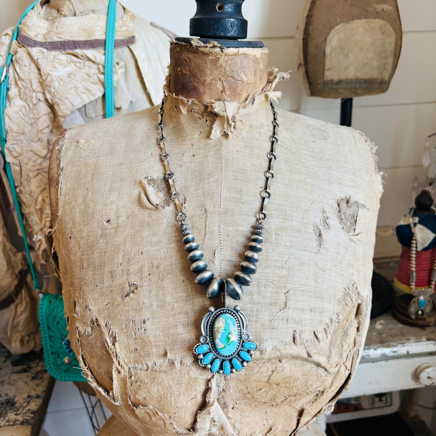 Navajo Hemerson Brown Sterling Silver - Kingman & Sonoran Turquoise Statement Necklace