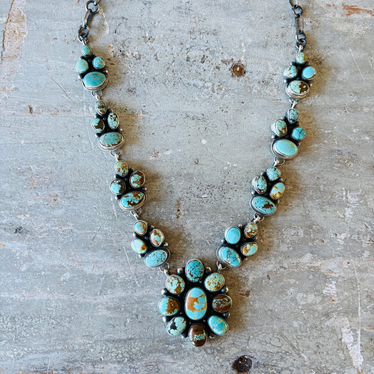 Navajo Sheila Becenti Sterling Silver & #8 Turquoise Cluster Statement Necklace Set