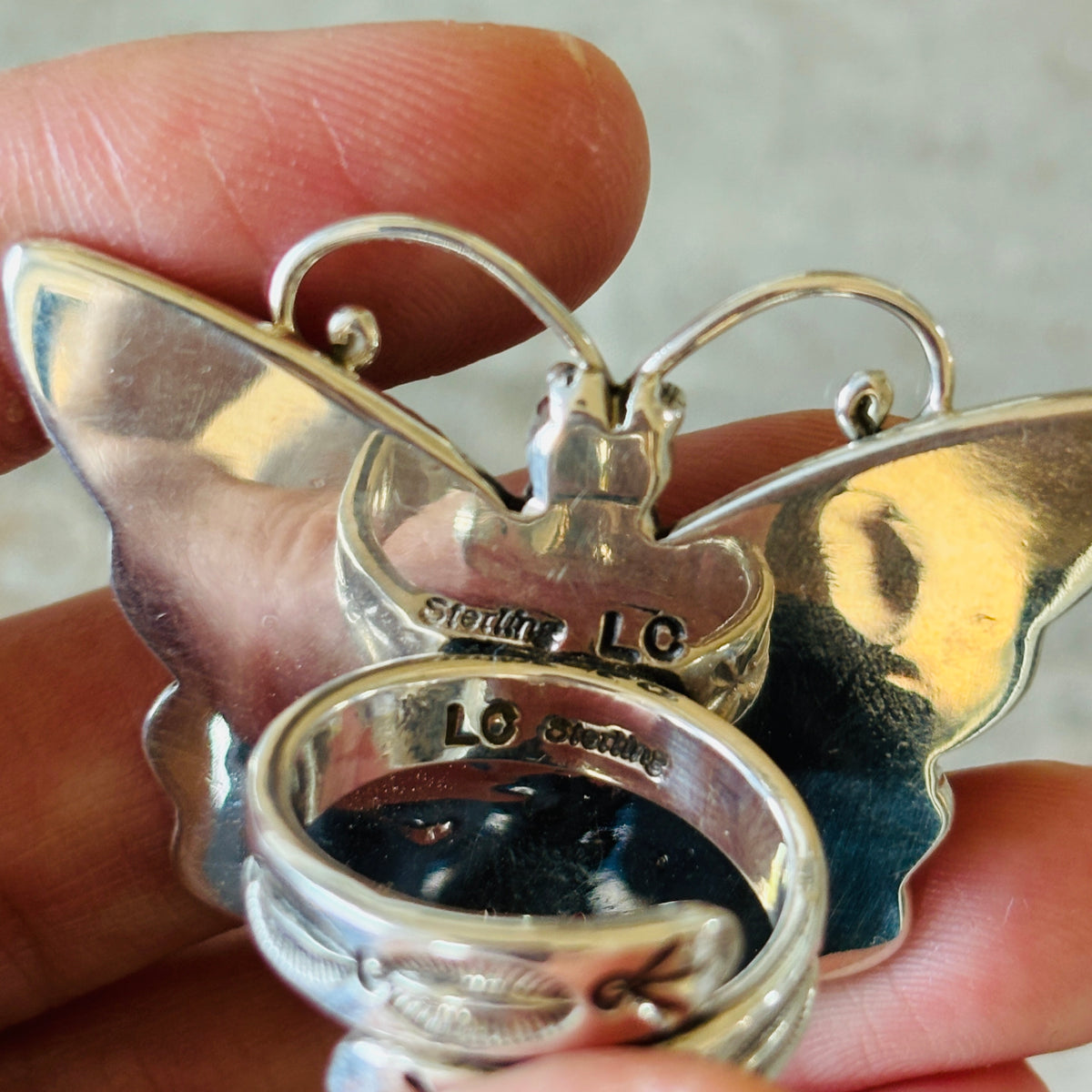 Navajo Lee Charley Sterling Silver - Red Coral & Sonoran Turquoise Butterfly Ring
