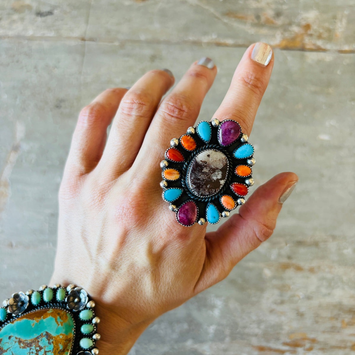 Navajo Hemerson Brown Sterling Silver - Multi Stone Cluster Statement Ring