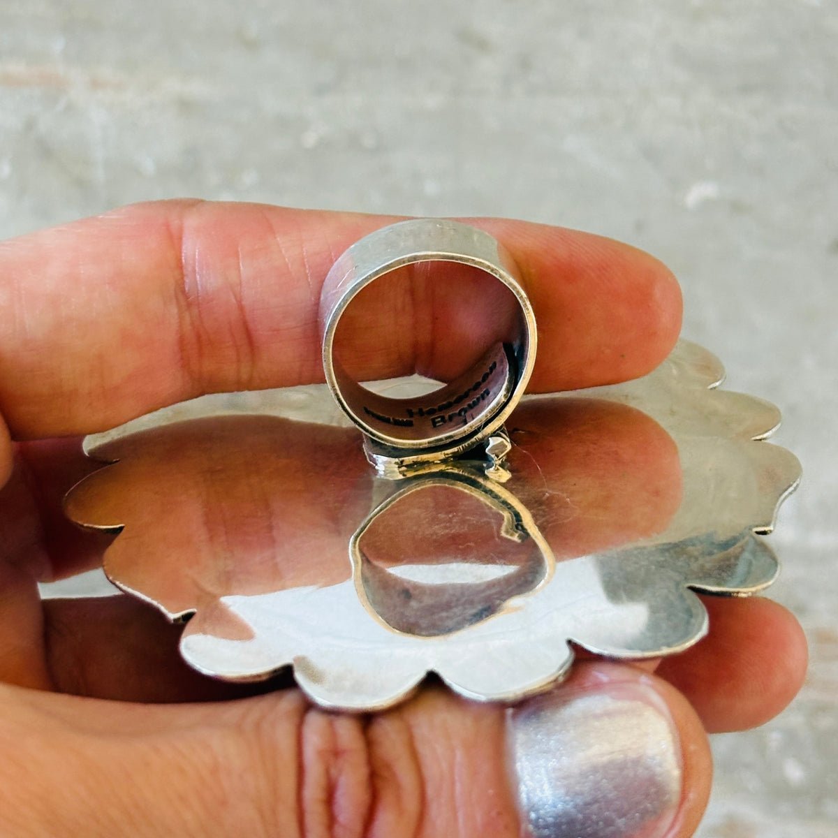 Navajo Hemerson Brown Sterling Silver & Pink Conch Cluster Statement Ring