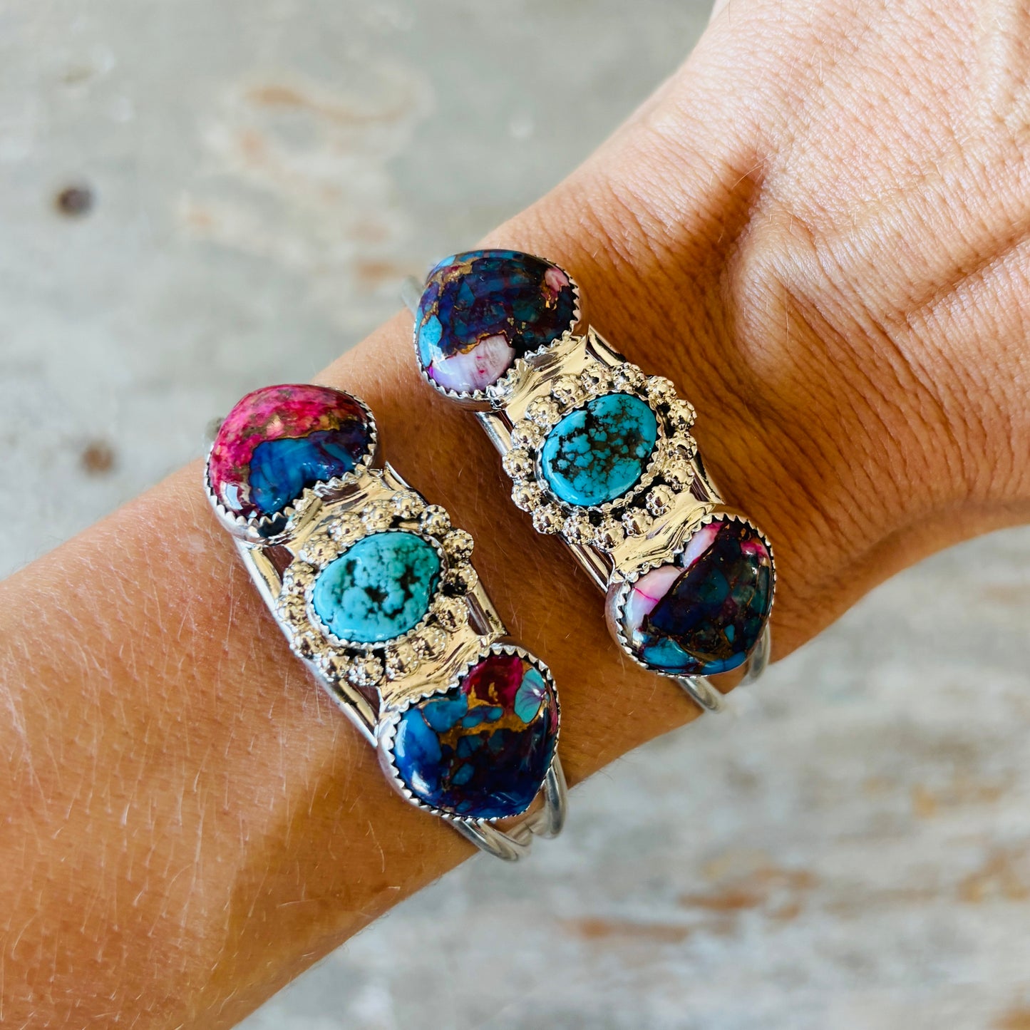 New Navajo Reynold Begay Sterling Silver - Mojave & Kingman Turquoise Cuffs