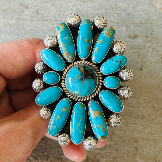 Navajo Tyler Brown Sterling Silver & Kingman Turquoise Cluster Ring