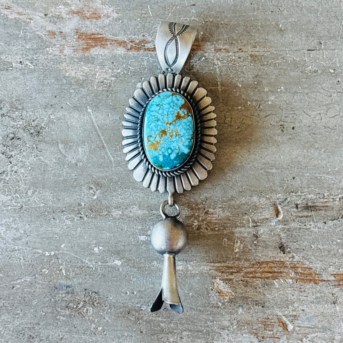 Navajo Ronald Tom Sterling Silver & Web Kingman Turquoise Blossom Pendant