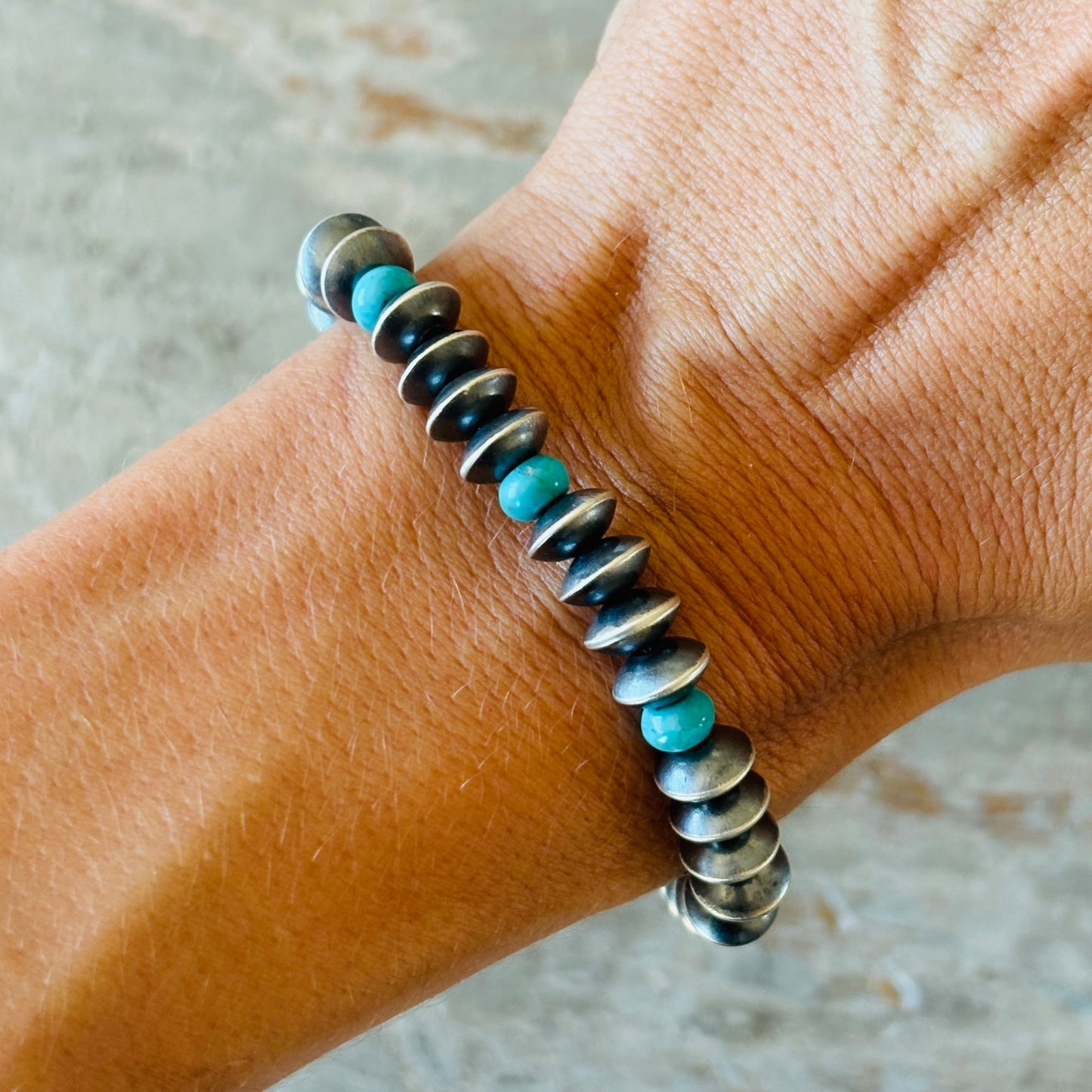 Navajo Preston Haley Sterling Silver 6mm Saucer Pearl & Turquoise Bracelet