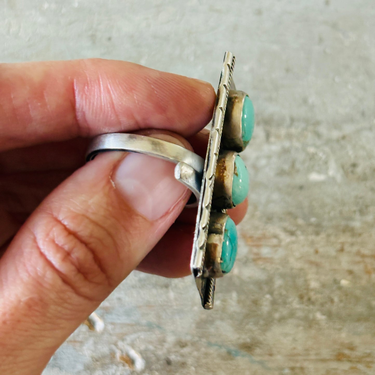 Navajo Signed Sterling Silver & Lone Mountain Turquoise Three Stone Ring