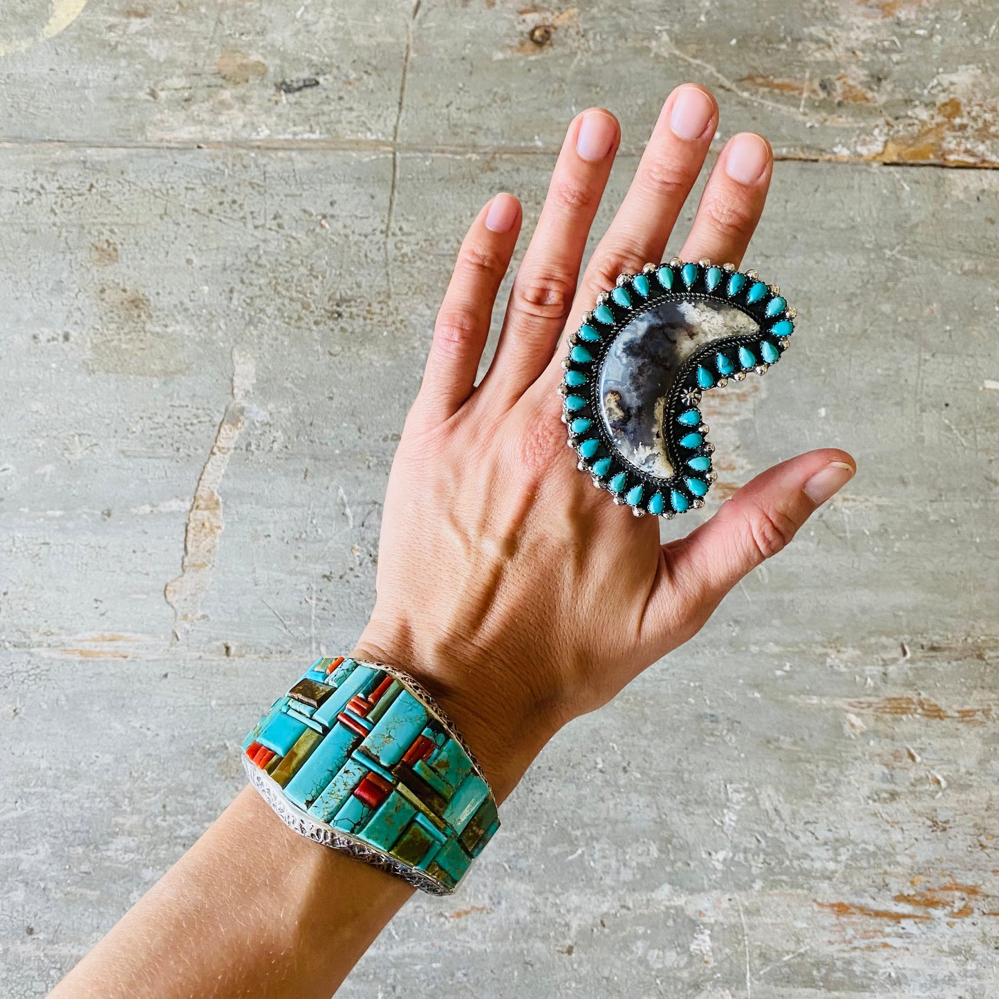 Navajo Lorenzo Jerilyn Chee Sterling Silver - Plume Agate & Kingman Turquoise Moon Ring