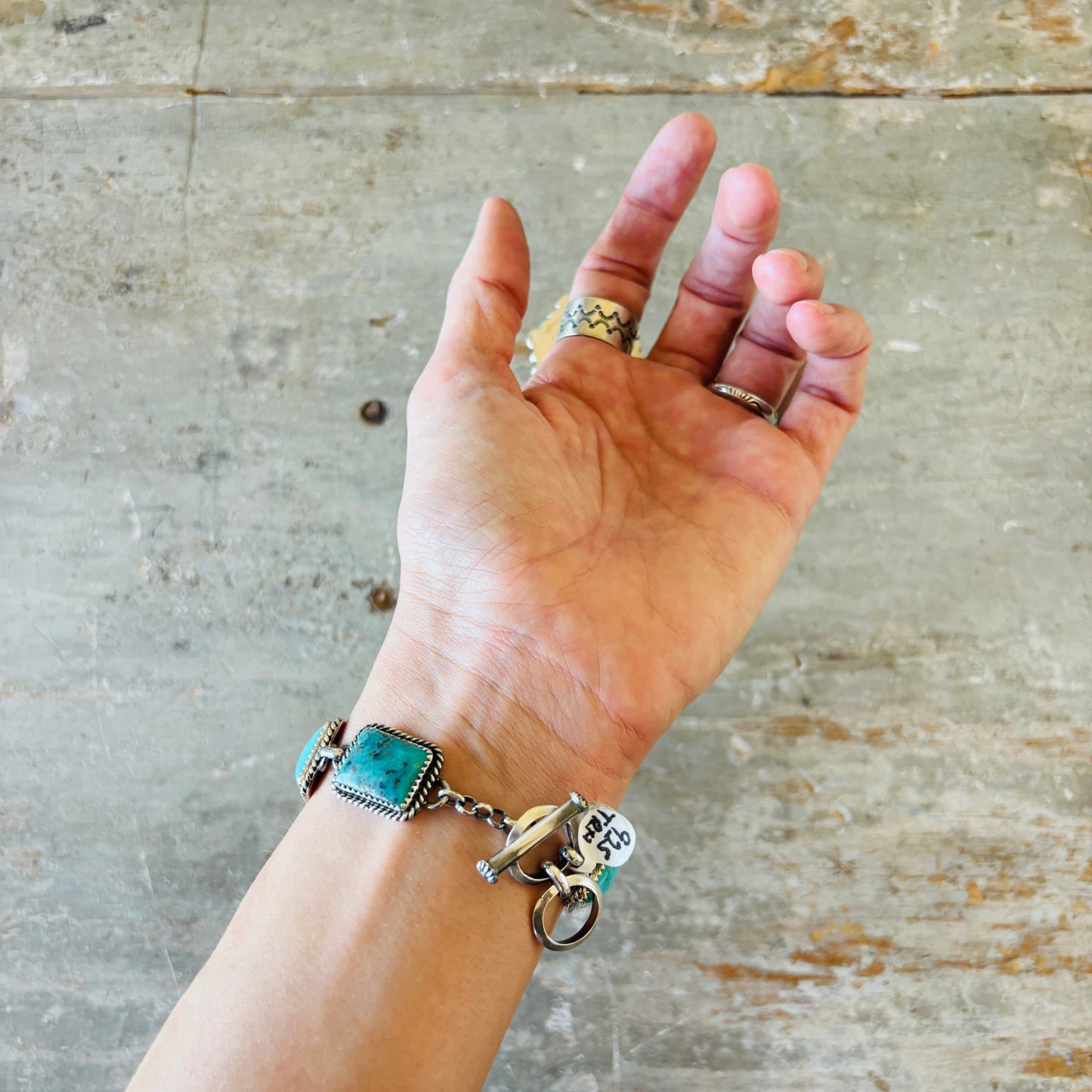 Navajo Brenda Jimenez Sterling Silver & Kingman Turquoise Floral Toggle Bracelet