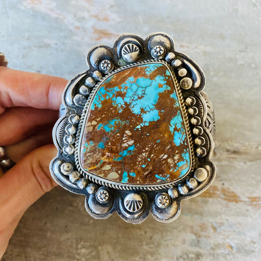 Navajo Dean Sandoval Sterling Silver & Turquoise Repousse Thunderbirds Cuff