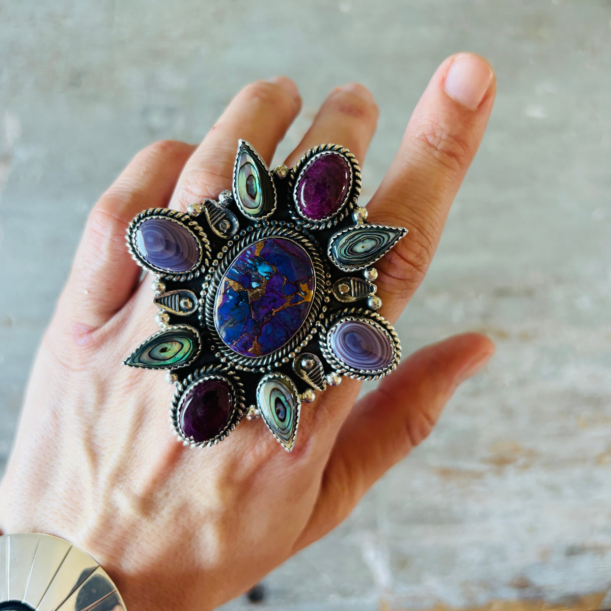 Navajo Hemerson Brown Sterling Silver Multi Stone Cluster Statement Ring