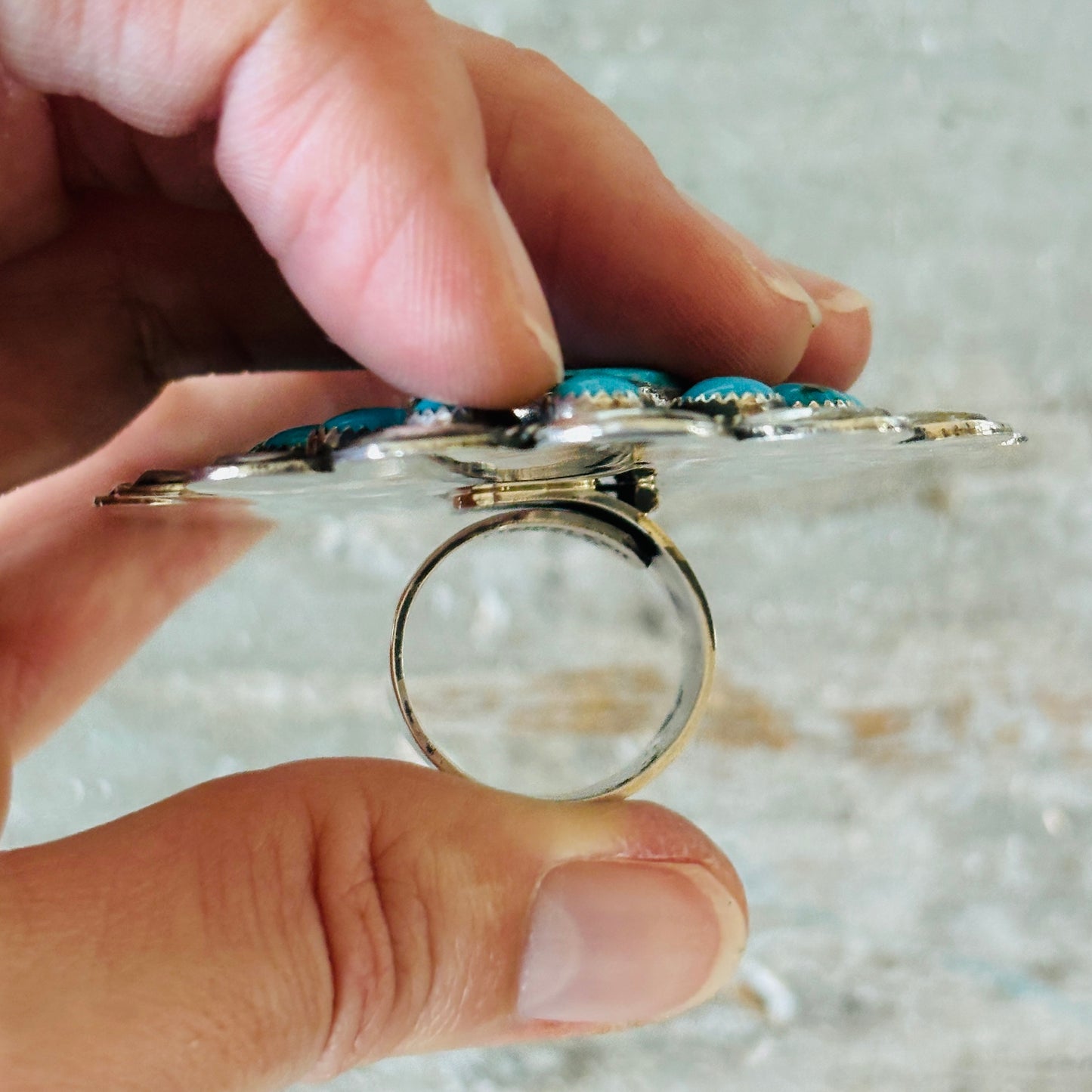 Navajo Hemerson Brown Sterling Silver & Kingman Turquoise Cluster Ring