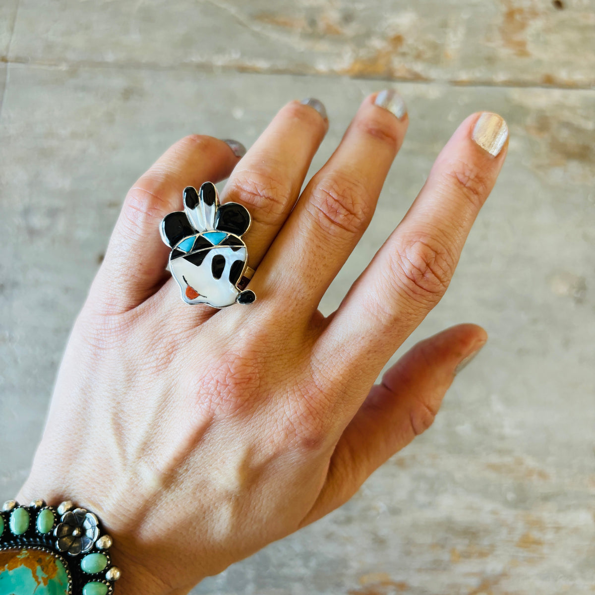 Zuni Don Dewa Sterling Silver Multi Stone Mickey Mouse Ring