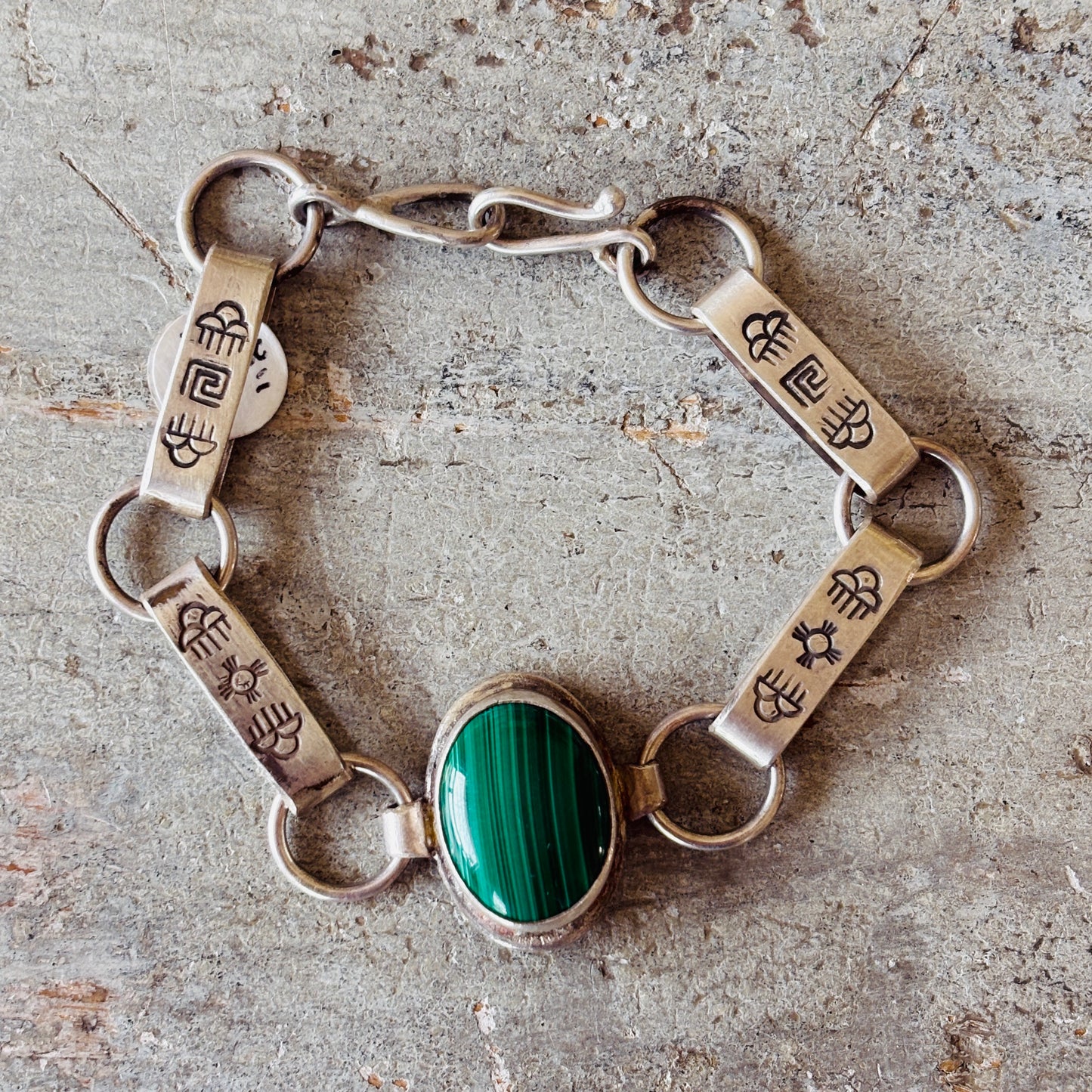 Navajo Joel Pajarito Sterling Silver & Malachite Link Reversible Bracelet