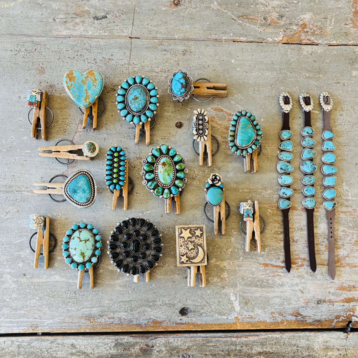 Navajo Hemerson Brown Sterling Silver - Green Mojave & Kingman Turquoise Cluster Ring
