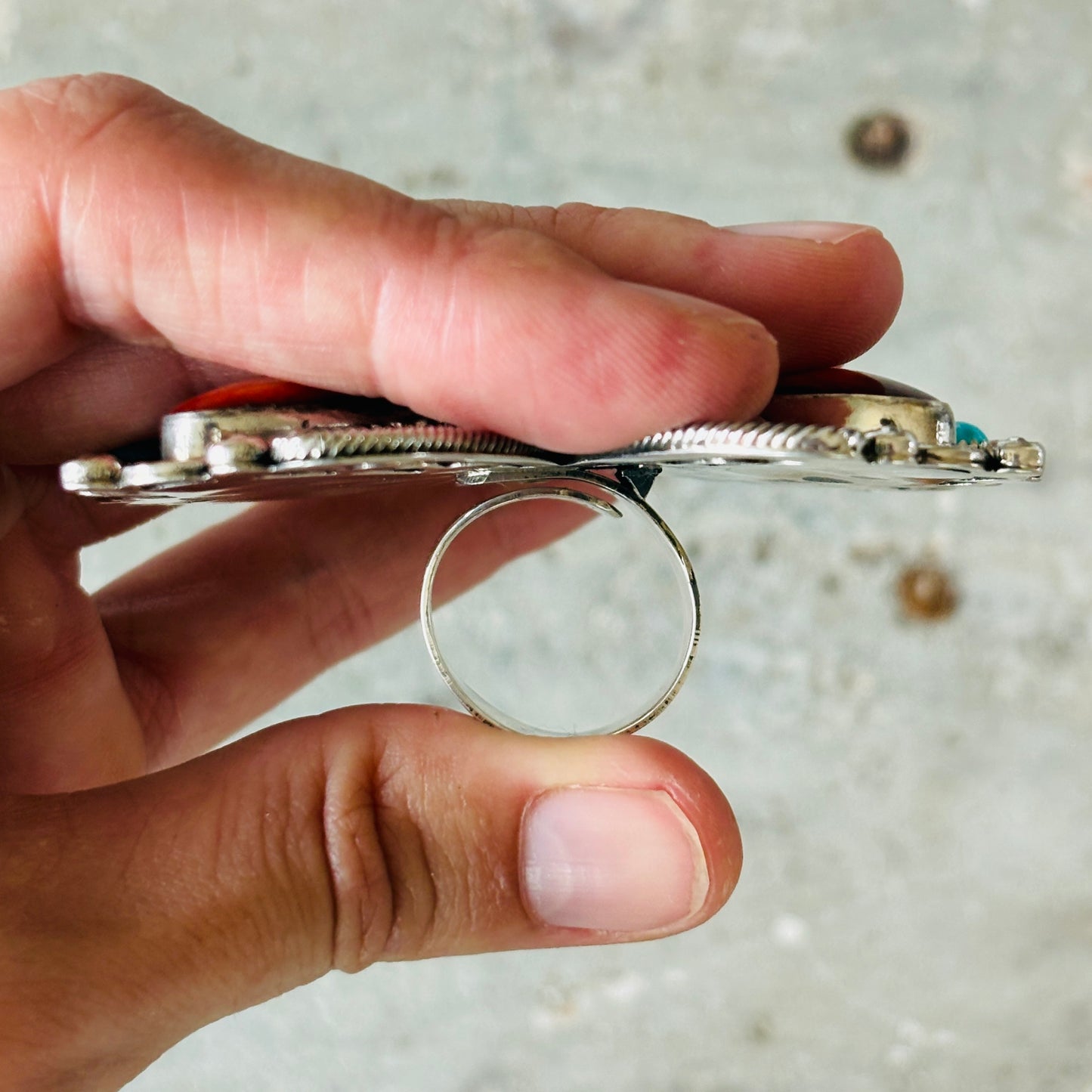 Navajo Hemerson Brown Sterling Silver - Orange Spiny & Sleeping Beauty Turquoise Butterfly Ring