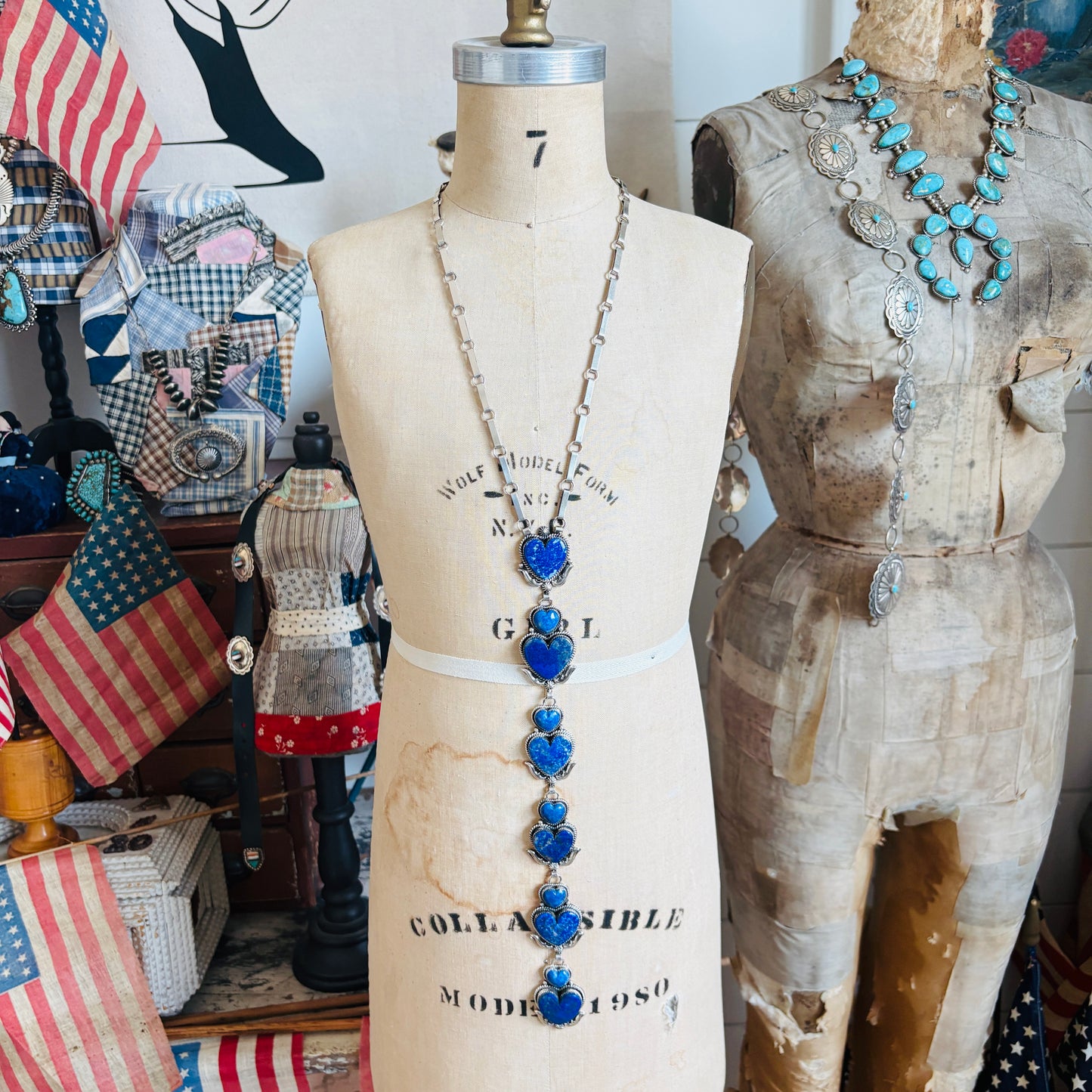 Navajo Hemerson Brown Sterling Silver & Lapis Hearts Statement Lariat Necklace