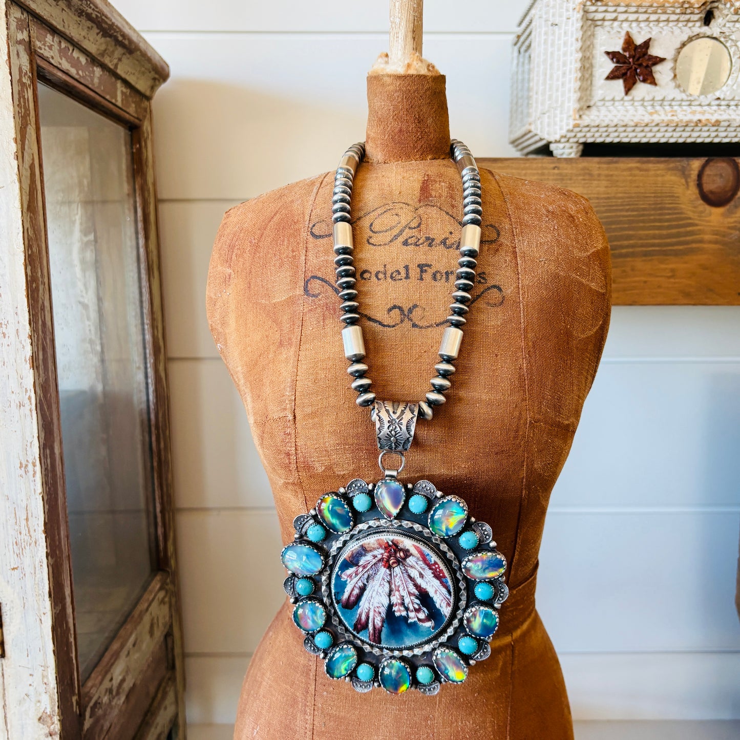 Navajo Kindale Billah Sterling Silver - Dichroic Glass & Campitos Turquoise Feathers Pendant