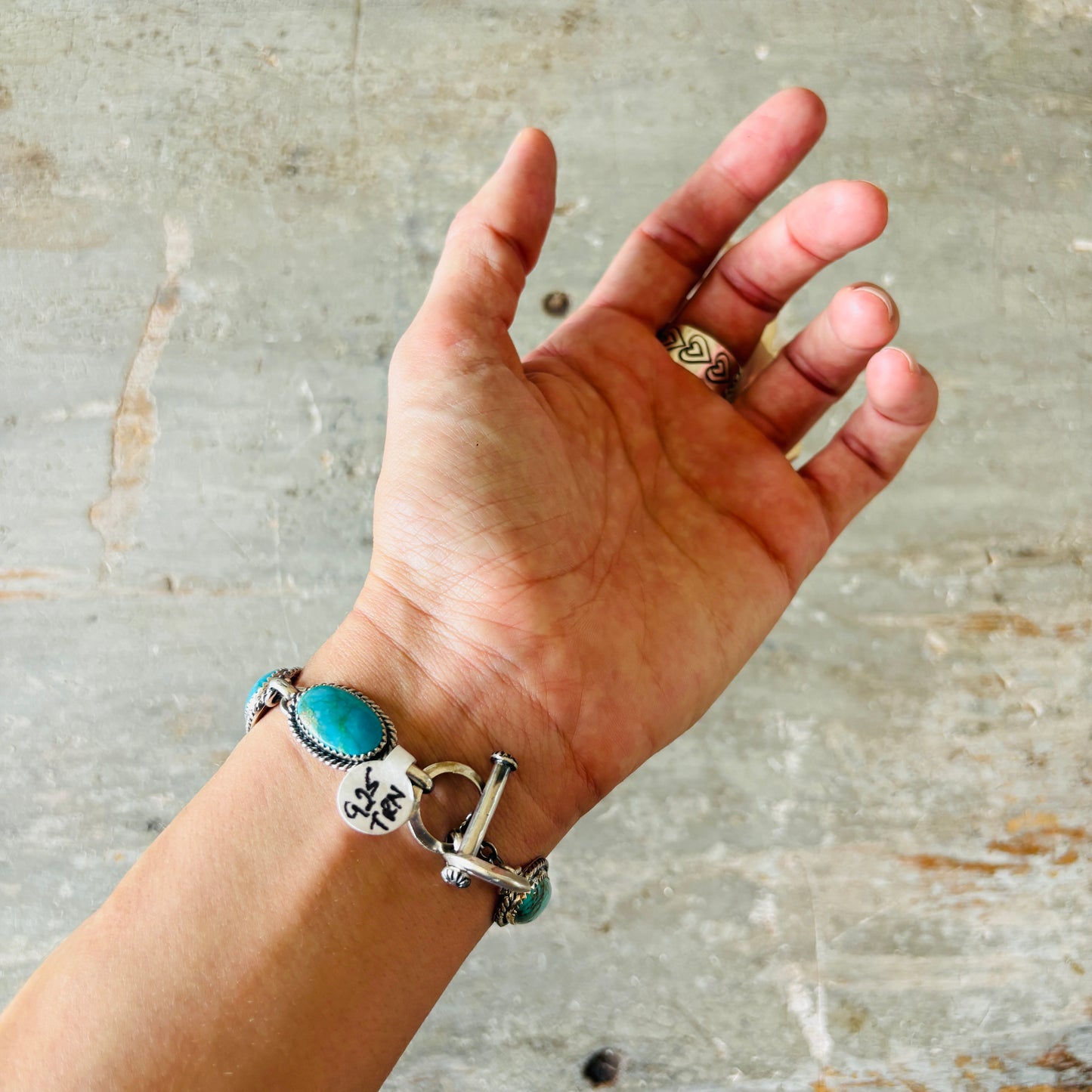 Navajo Brenda Jimenez Sterling Silver & Kingman Turquoise Floral Panel Bracelet