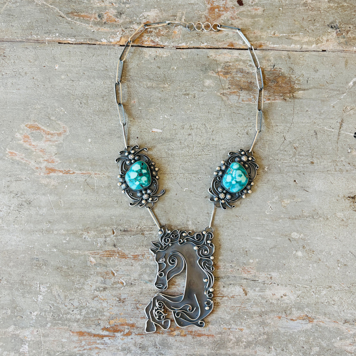 Navajo Miranda Willie Sterling Silver & Whitewater Turquoise Horse Statement Necklace