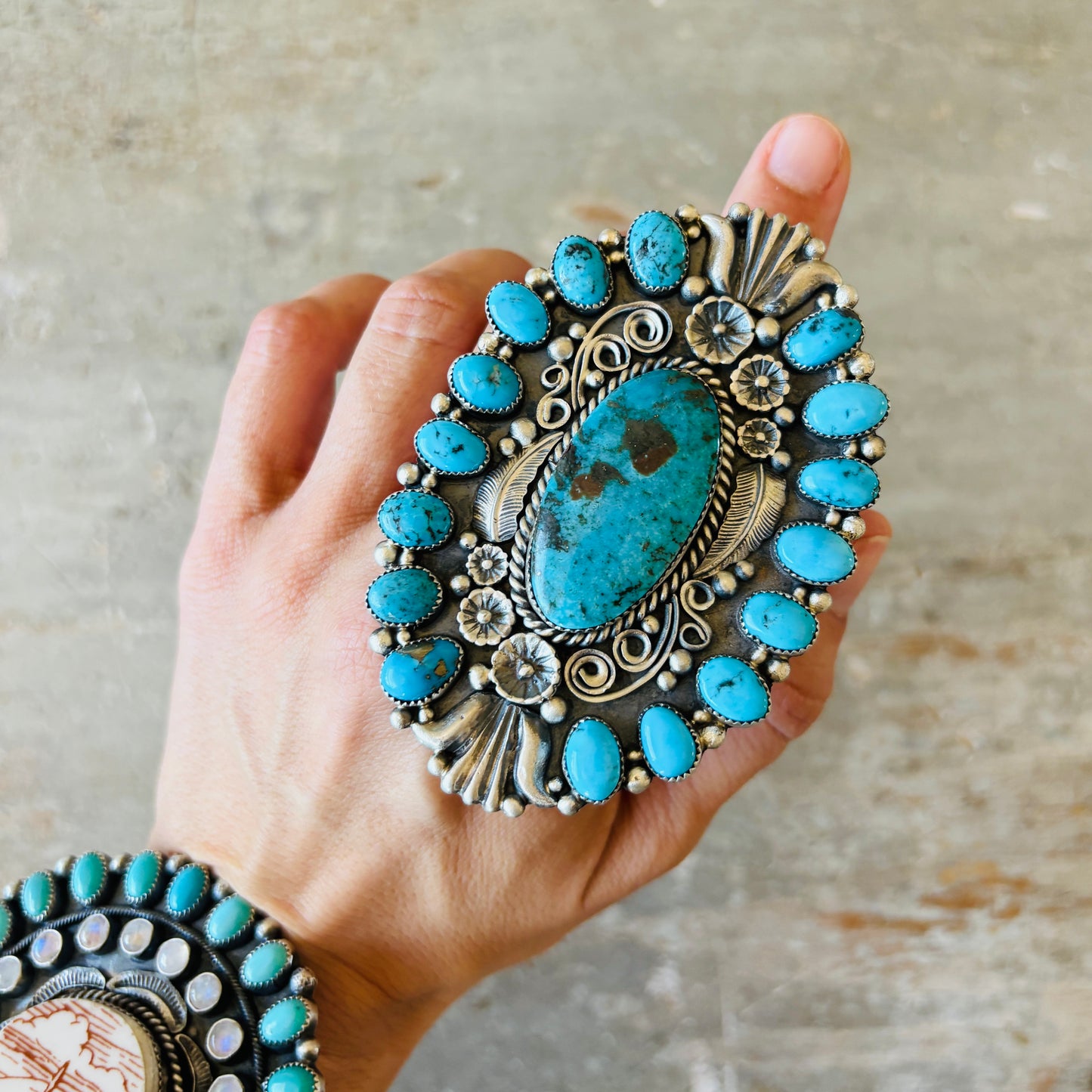 Navajo Kindale Billah Sterling Silver & Kingman Cluster Statement Ring