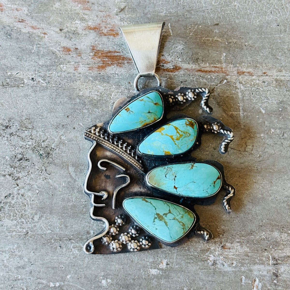 Navajo Miranda Willie Sterling Silver & Kingman Turquoise Kachina Pendant