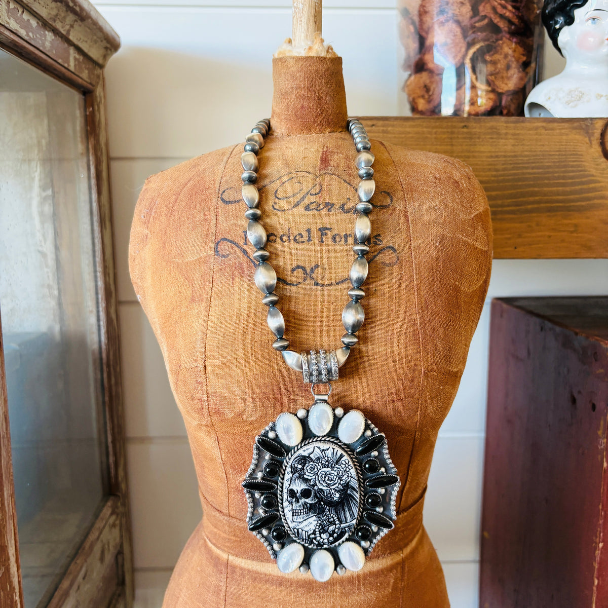Navajo Kindale Billah Sterling Silver - Ceramic - Mother of Pearl & Black Onyx Skull Pendant