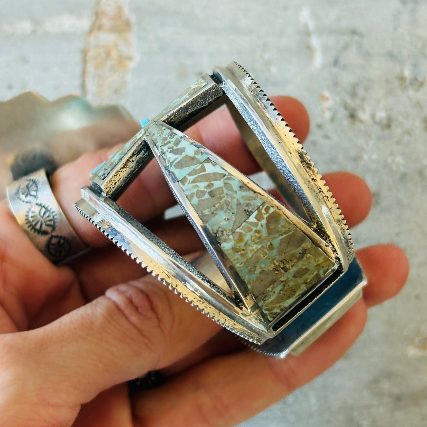 Navajo Aaron Anderson Sterling Silver & Mixed Turquoise Tufa Cast Cobblestone Crosses Cuff
