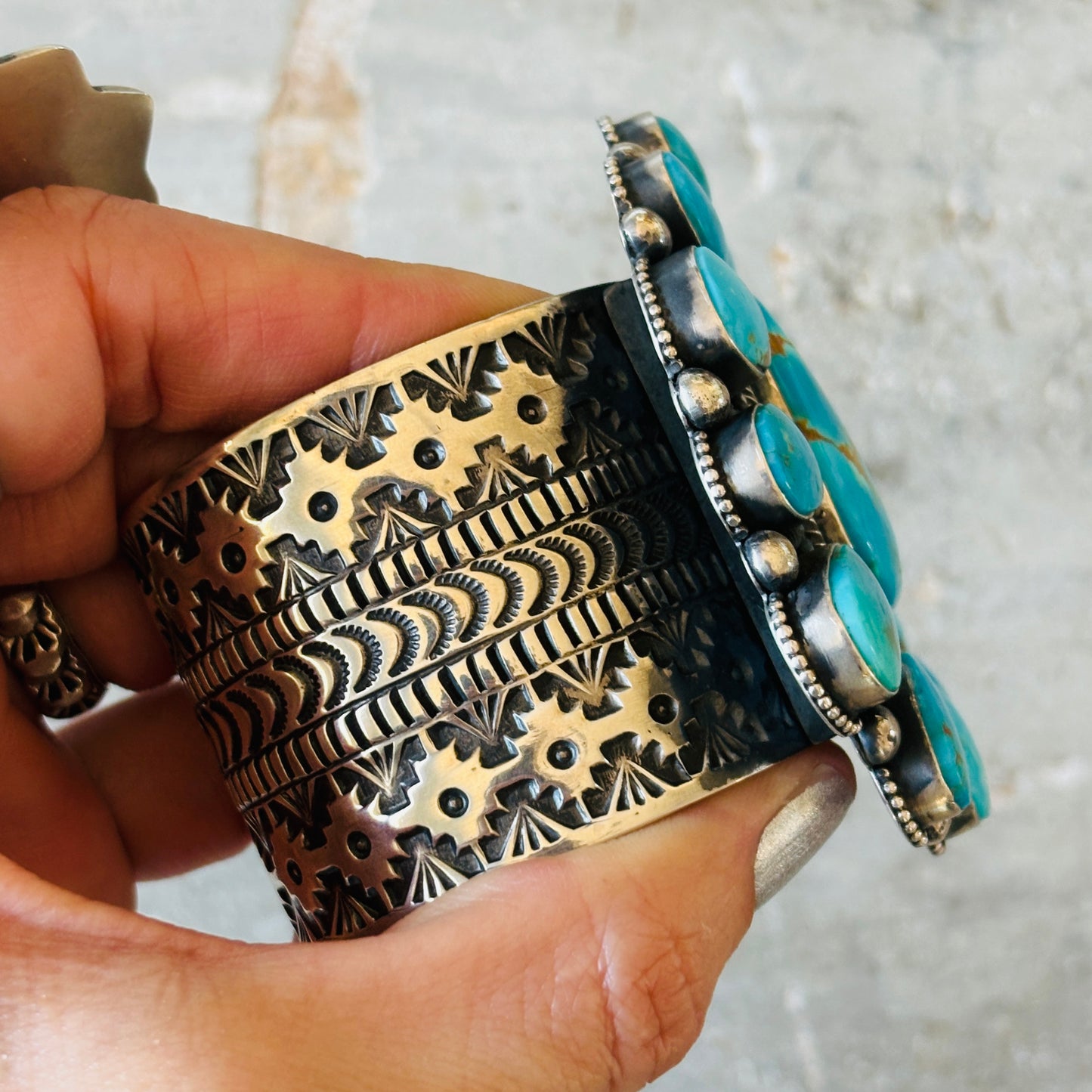 Navajo Braxton Parkett Sterling Silver & Kingman Turquoise Cluster Cuff