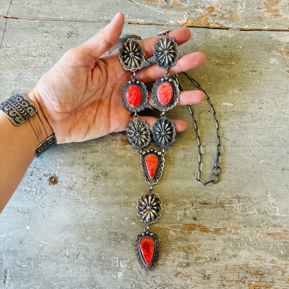Navajo Leigha Cleveland Sterling Silver & Red Spiny Oyster Statement Lariat Necklace