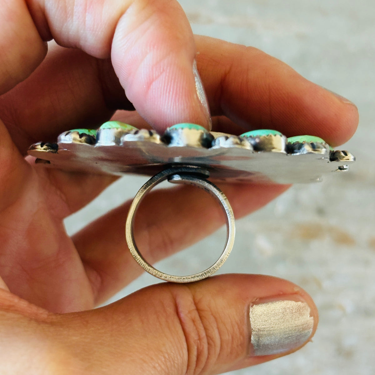 Navajo Kindale Billah Sterling Silver - Ceramic & Mojave Campitos Turquoise Floral Cluster Ring