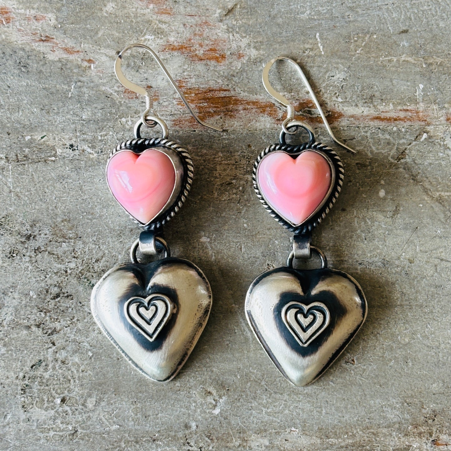 Navajo Hemerson Brown Sterling Silver & Pink Conch Heart Statement Earrings
