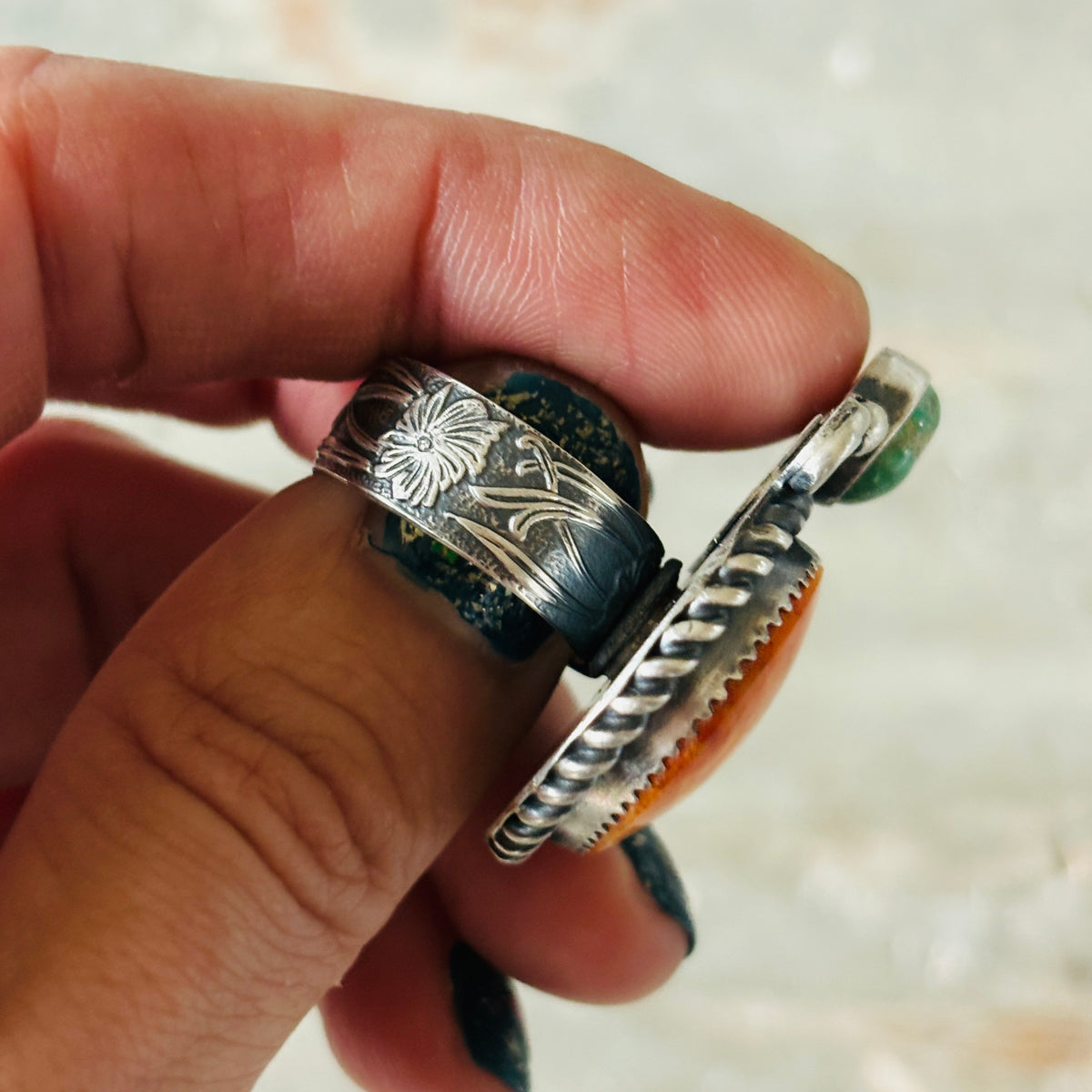 Navajo Kindale Billah Sterling Silver - Orange Spiny & Candelaria Turquoise Pumpkin Ring