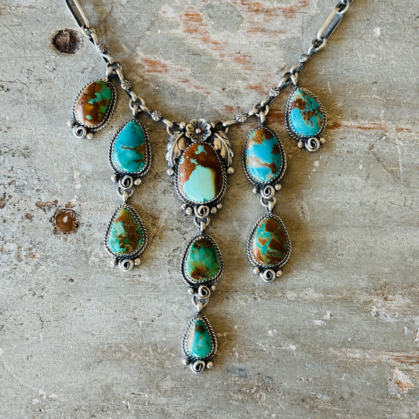 Navajo Brenda Jimenez Sterling Silver - Royston & Pilot Mountain Turquoise Waterfall Statement Necklace