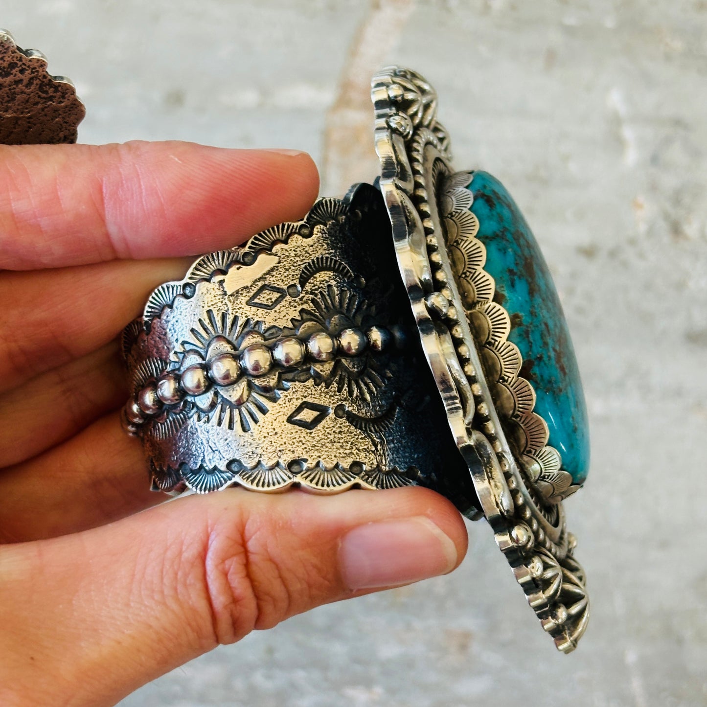 Navajo Glenn Livingston Sterling Silver & Desert Rose Turquoise Statement Cuff